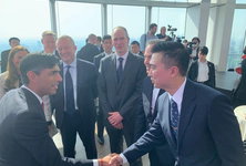 Jay Shen, CEO of Transreport, shaking hands with Rishi Sunak, Prime Minister of the United Kingdom, at the G7 2023 summit.