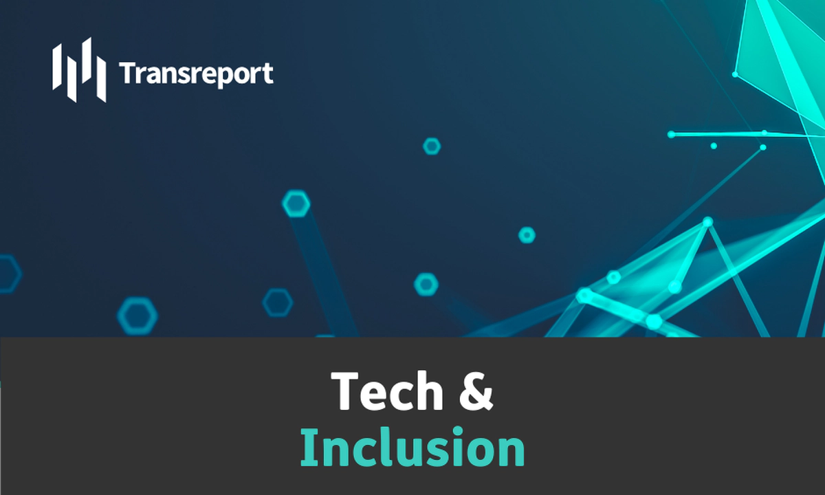 Heading reads "Tech & Inclusion" in a black rectangle along the bottom of the image. "Inclusion" is in teal font and the rest is in white. Dark blue background with teal lines and geometric shapes scattered on it. White Transreport logo in the top left corner, 4 pillars with Transreport to their right.