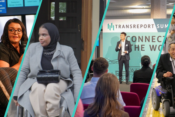 Photo of Emma Partlow and Jason Webb at Transreport Summit 2025, photo of Umaymah Dakri, photo of Jay Shen giving a keynote presentation at Transreport Summit 2025, photo of a Disabled gentleman who is a wheelchair user at a train station in Japan