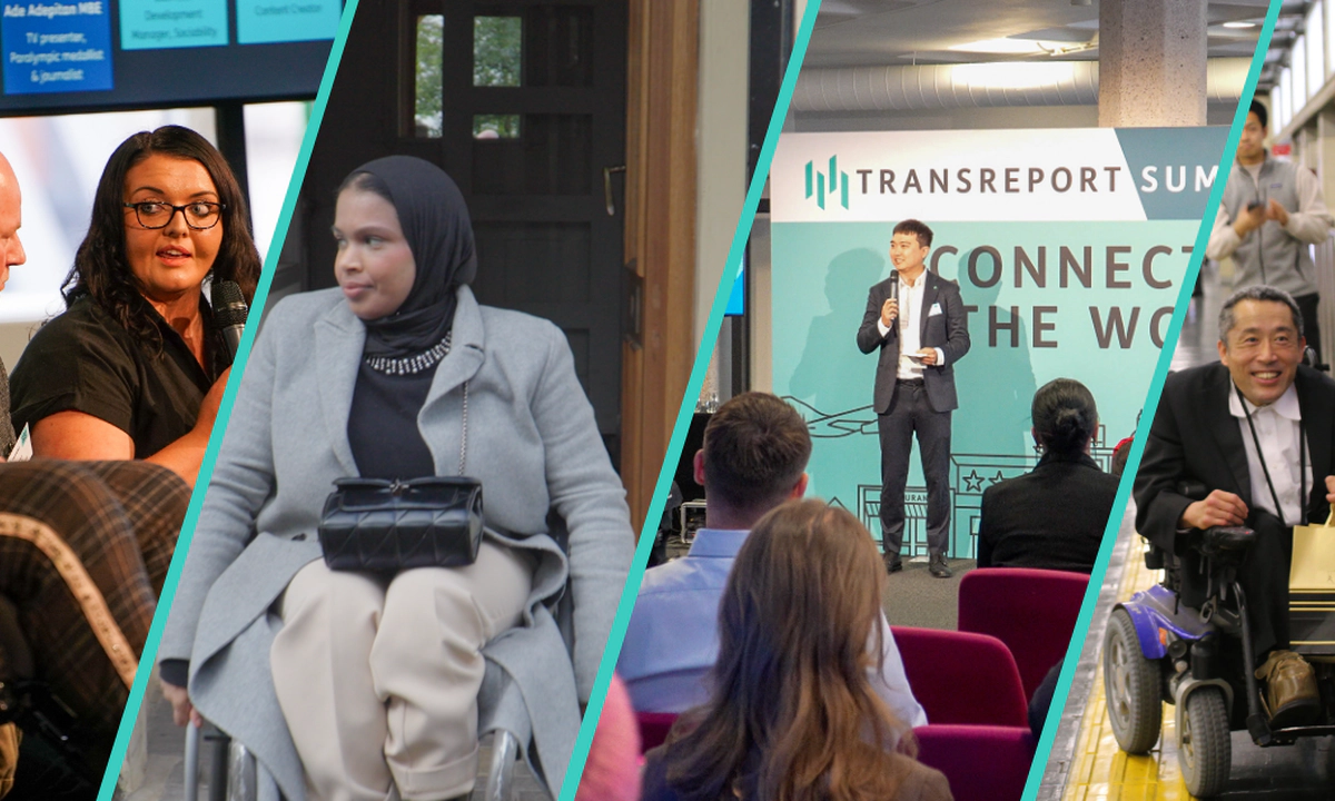 Photo of Emma Partlow and Jason Webb at Transreport Summit 2025, photo of Umaymah Dakri, photo of Jay Shen giving a keynote presentation at Transreport Summit 2025, photo of a Disabled gentleman who is a wheelchair user at a train station in Japan