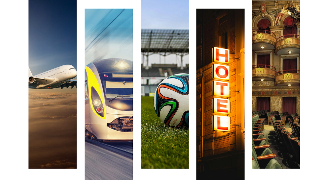 Vertical panels displaying images of an airplane, train, soccer stadium, hotel sign, and theatre.