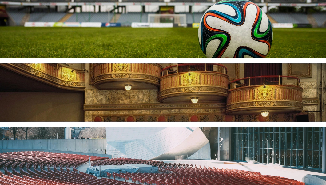 A collage of three different images. Top: A soccer ball on a grassy field with a stadium in the background. Middle: Ornate golden balconies inside a theatre. Bottom: Rows of empty red seats in an outdoor amphitheater.