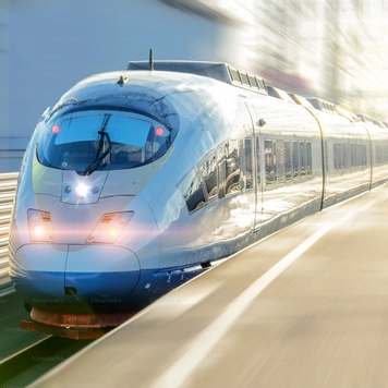 Photo of a blue and white train beside a platform.