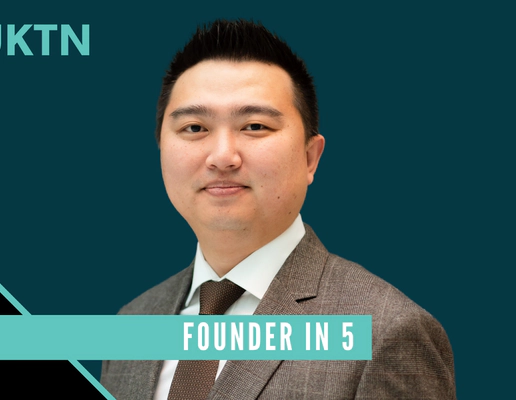 A picture of Transreport founder Jay Shen wearing a grey suit, in front of a dark turquoise and black plain background. The top left of the image has the UKTN logo in light turquoise colour, and a light turquoise banner spans the image at the bottom reading 'Founder in 5'.