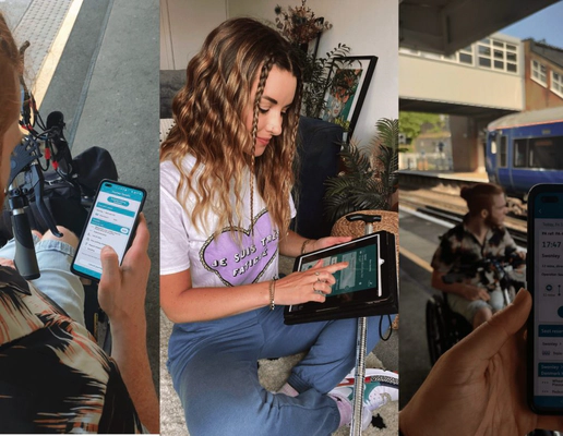 A woman in jeans and a t-shirt, sitting cross-legged, holding a computer tablet using the Passenger Assistance app.