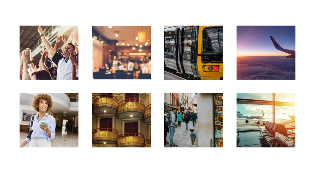 Eight images: crowd, restaurant, train, airplane, woman, theatre, street, airport.