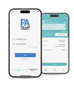 Two smartphones displaying the Passenger Assistance app, one showing the login screen and the other showing the journey booking interface.