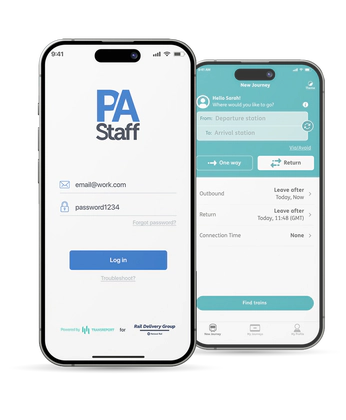 Two smartphones displaying the Passenger Assistance app, one showing the login screen and the other showing the journey booking interface.