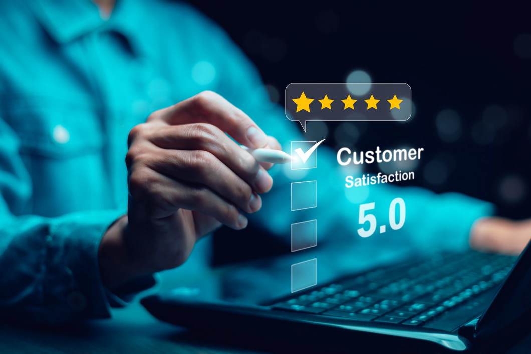 Person using a stylus to give a 5-star customer satisfaction rating on a digital interface, with a visible score of 5.0.
