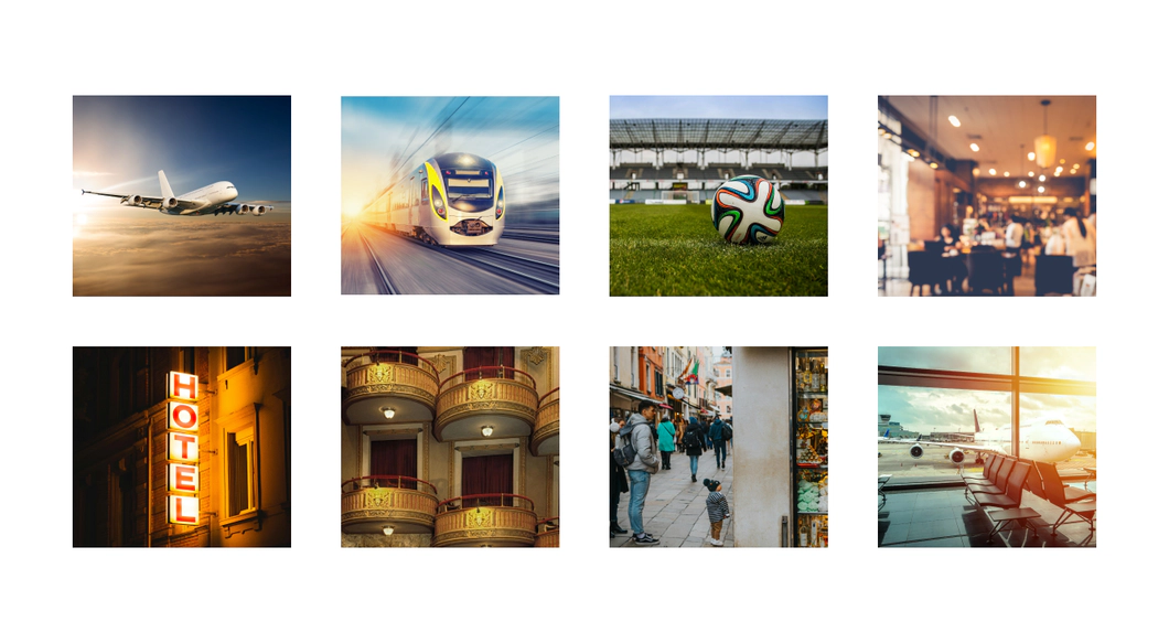 A grid of eight images showing scenes of travel, leisure, and urban life.