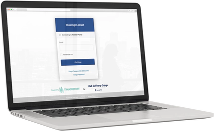 A laptop computer showing the Passenger Assistance Staff Web Platform login page.