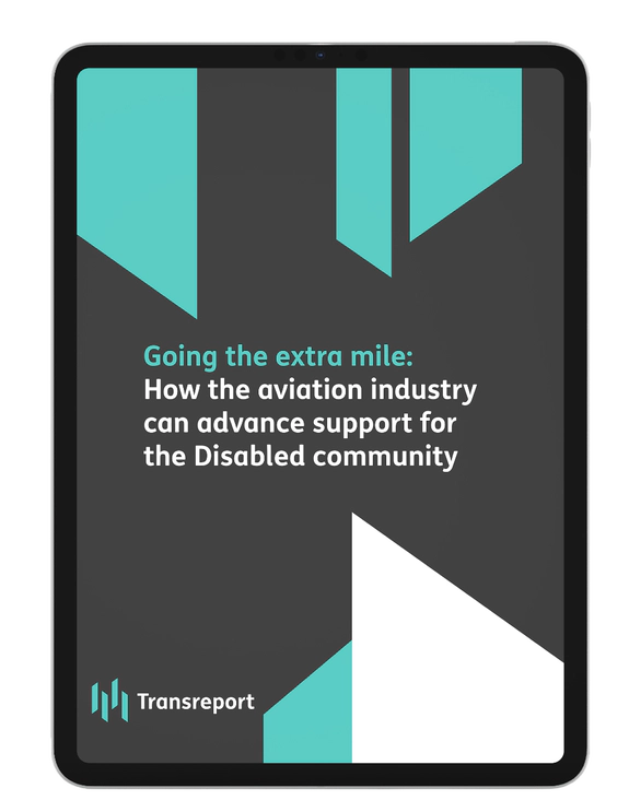The cover image for a Transreport whitepaper about advancing support for the Disabled community in the aviation industry. The title, "Going the extra mile," is highlighted in teal. The design is presented on a tablet and features a dark gray background with abstract teal and white shapes, with the Transreport logo at the bottom left.