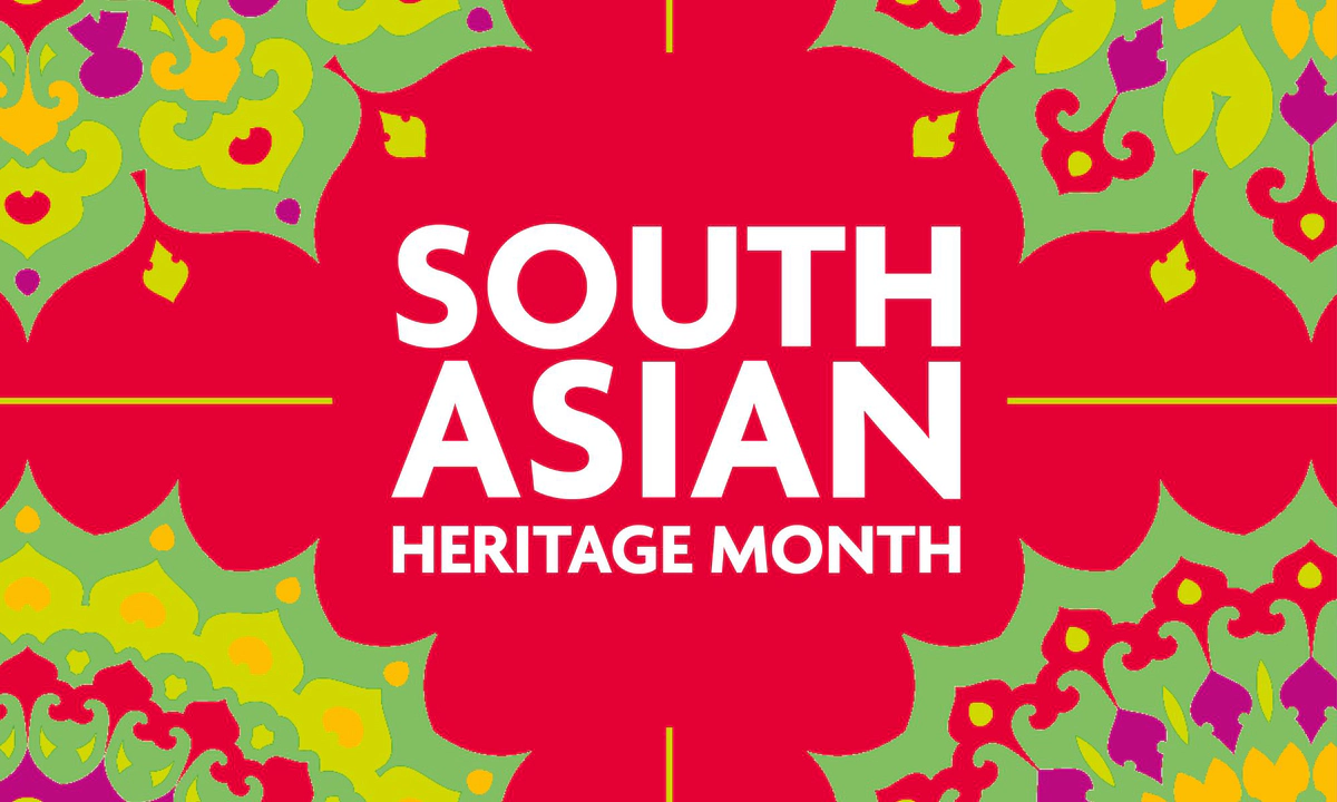 The South Asian Heritage month logo on a red background, surrounding by green and yellow kaleidoscopic geometric shapes