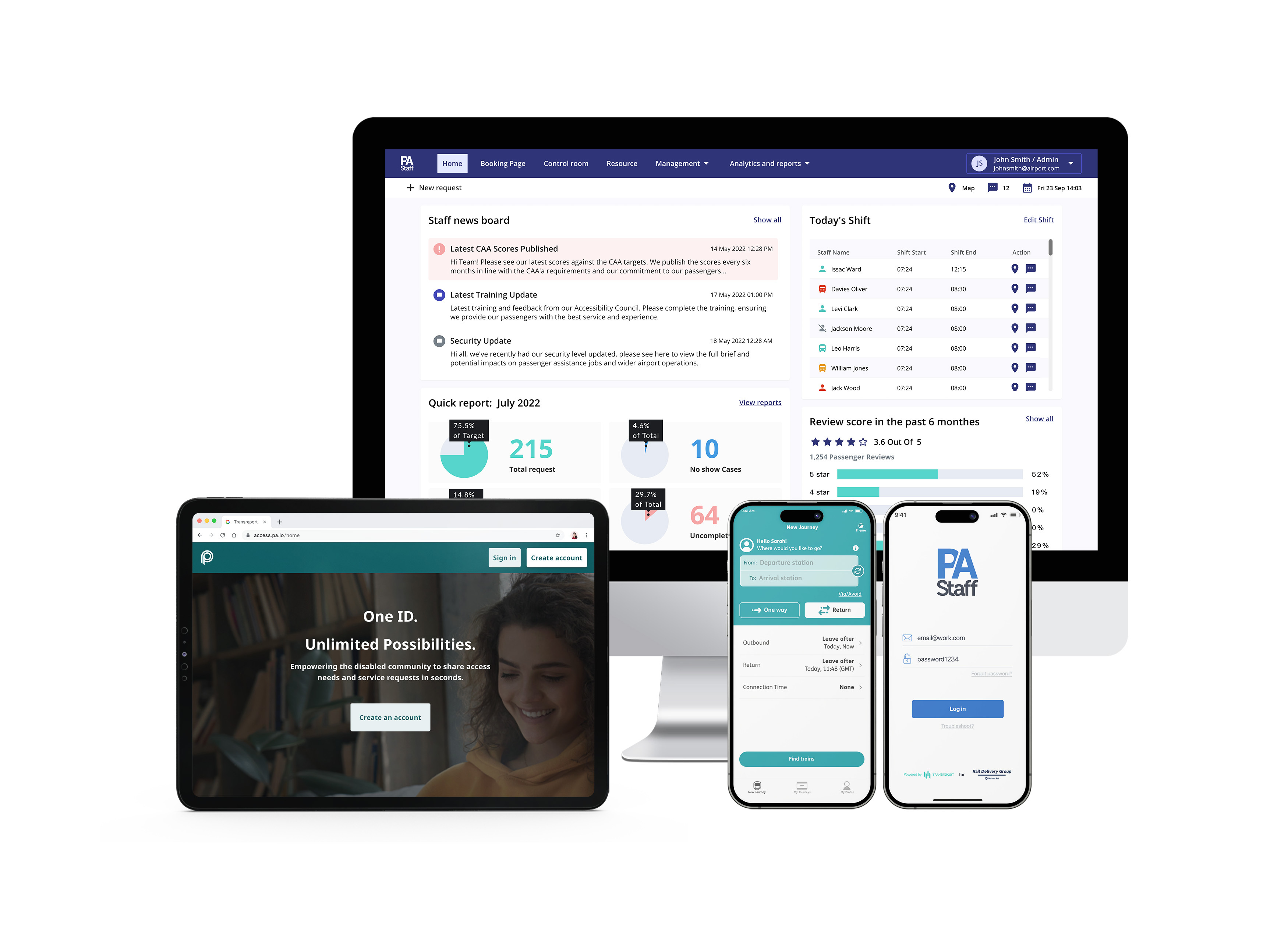 A tablet showing PA Access Link, a desktop showing PA Staff Web Dashboard, a smartphone showing PA App, and a smartphone showing PA Staff Mobile App.