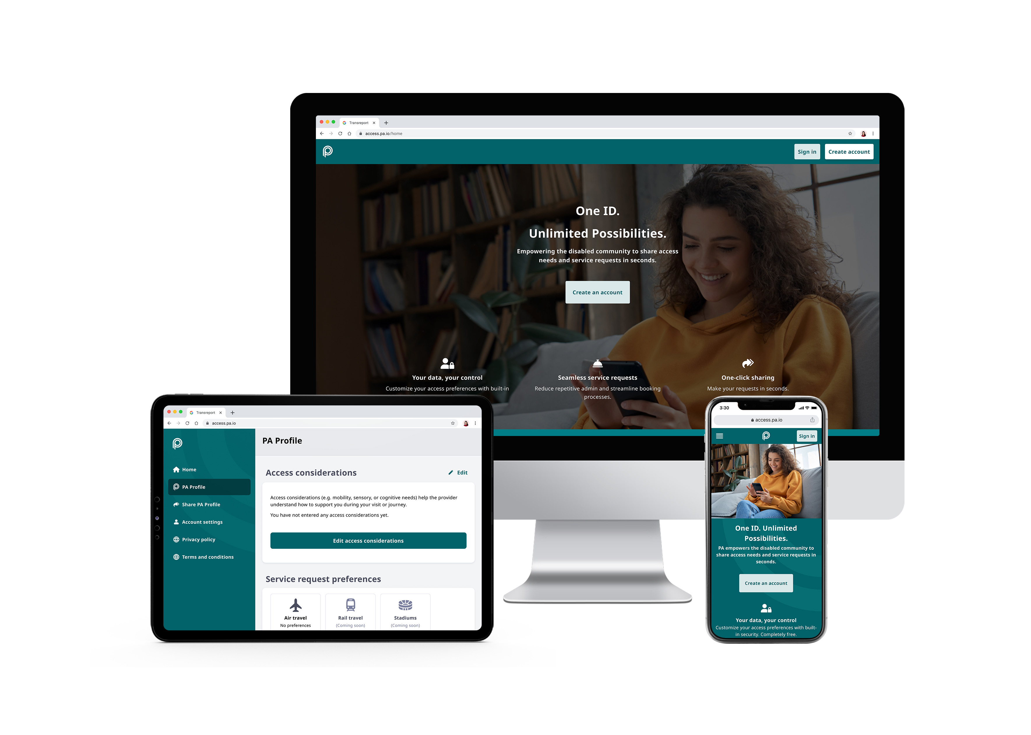 A tablet, desktop and smart phone showing various screens of the PA profile.