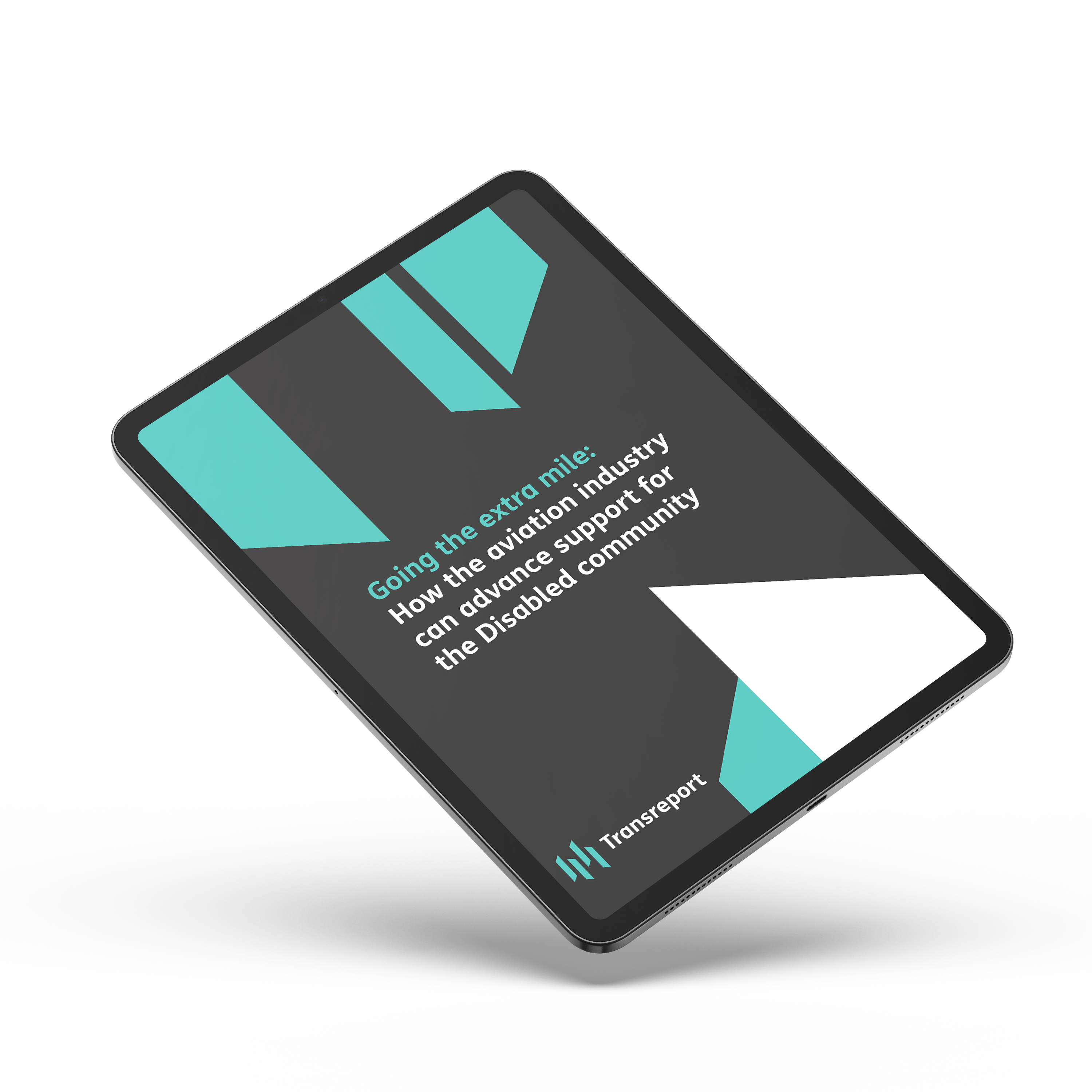 Tablet showing the cover image of the white paper with the heading “Going the extra mile: How the aviation industry can advance support for the Disabled community” with the Transreport logo bottom left.