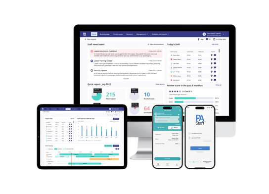 A tablet and desktop showing the PA Staff Web Dashboard, a smart phone showing the PA App and a smart phone showing the PA Staff Mobile App.