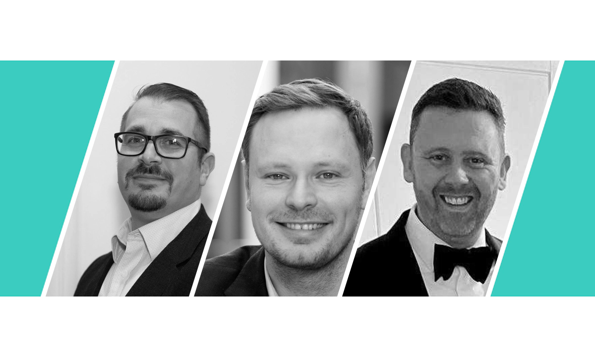 A parallelogram divided into 3 monochrome photographs. From left to right, Carmine Chiuchiolo (Senior Vice President of Global Revenue), Daniel Beutler (Chairman) and Jim Beattie (Chief Technology Officer). Teal background. A parallelogram divided into 3 monochrome photographs. From left to right, Carmine Chiuchiolo (Senior Vice President of Global Revenue), Daniel Beutler (Chairman) and Jim Beattie (Chief Technology Officer). Teal background.