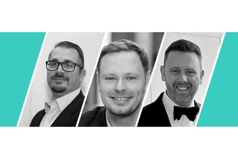 A parallelogram divided into 3 monochrome photographs. From left to right, Carmine Chiuchiolo (Senior Vice President of Global Revenue), Daniel Beutler (Chairman) and Jim Beattie (Chief Technology Officer). Teal background. 