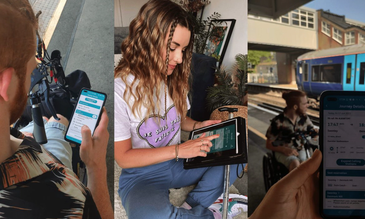A woman in jeans and a t-shirt, sitting cross-legged, holding a computer tablet using the Passenger Assistance app. A woman in jeans and a t-shirt, sitting cross-legged, holding a computer tablet using the Passenger Assistance app.