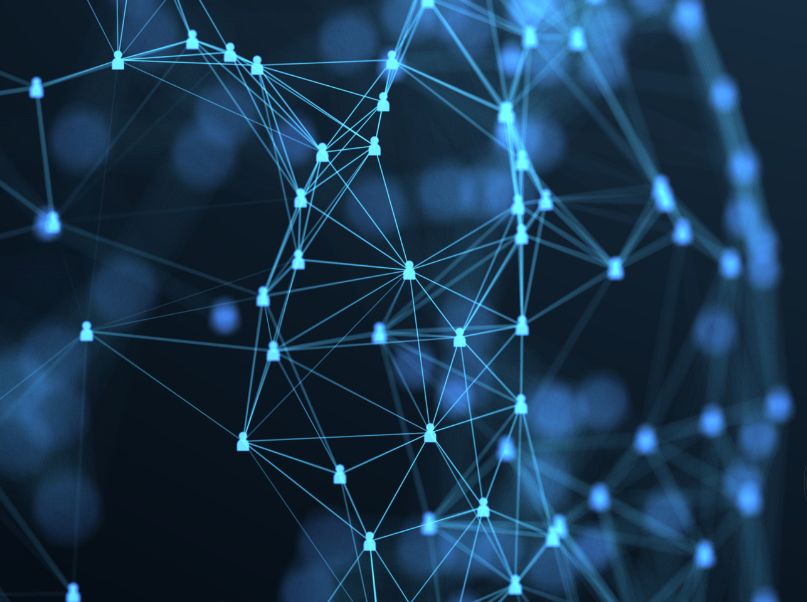 Navy blue graphic of a globe with connecting lines.